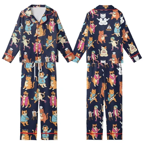 Cat Lovers' Whimsical Cartoon Cat Ensemble Playing Music Baking Sailing DJing on Deep Navy Kid Satin Pajamas Set