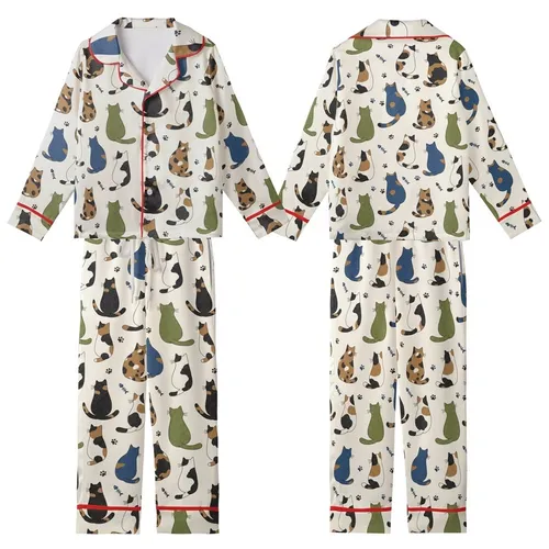 Cat Lovers' Whimsical Hand-Drawn Cats Light Cream Muted Blue Green Black Scattered Feline Pattern Kid Satin Pajamas Set