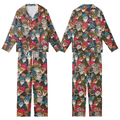 Animal Lovers' All-Over Whimsical Winter Cats Foxes Owls Colorful Knitted Beanie Pattern Kid Satin Pajamas Set