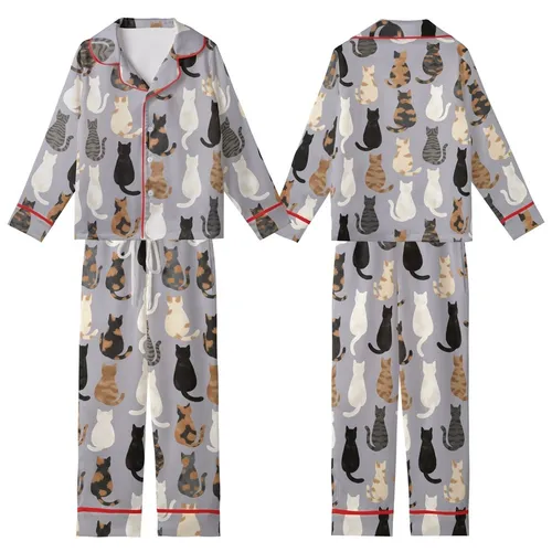 Cat Lovers' Artistic Feline Friends From Behind Repeat Pattern Muted Lavender-Grey Multi-Tone Furs Kid Satin Pajamas Set