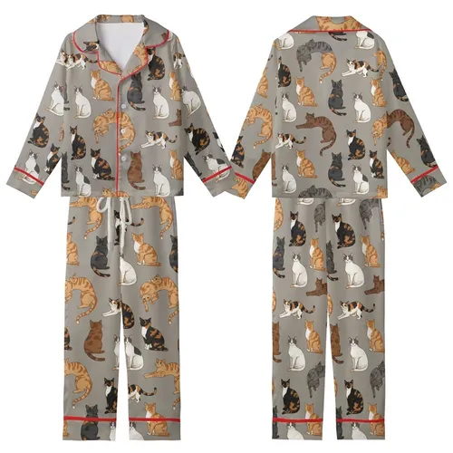 Cat Lovers' Illustrative Semi-Realistic Scattered Domestic Cat Natural Fur Greige-Taupe Pattern Kid Satin Pajamas Set