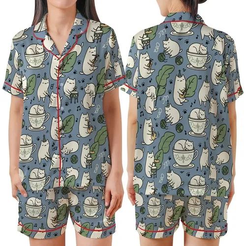Cat Lovers' Dusty Blue Whimsical Naive Cartoon Cats Musical Play Pattern Satin Short-Sleeve Pajamas Set