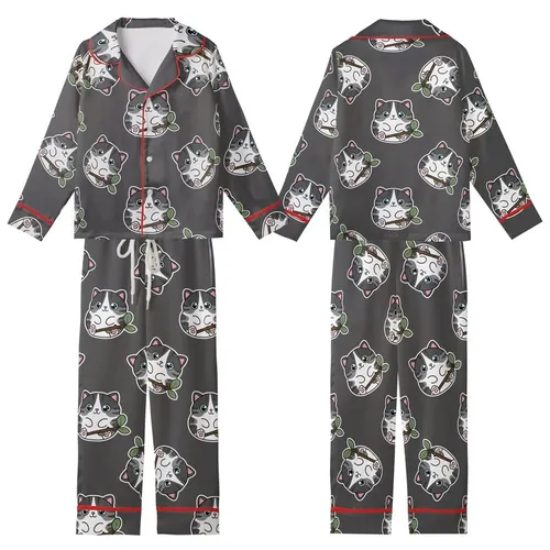Cat Lovers' Whimsical Black White Grey Tabby Kitten Pattern with Sky Blue Eyes Holding Green Leaf Branch on Charcoal Kid Satin Pajamas Set