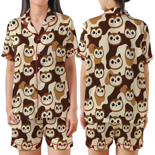 Whimsical Style Fans' Adorable Cream Brown Owl Face Seamless Pattern Plush Flat Cartoon Style Satin Short-Sleeve Pajamas Set