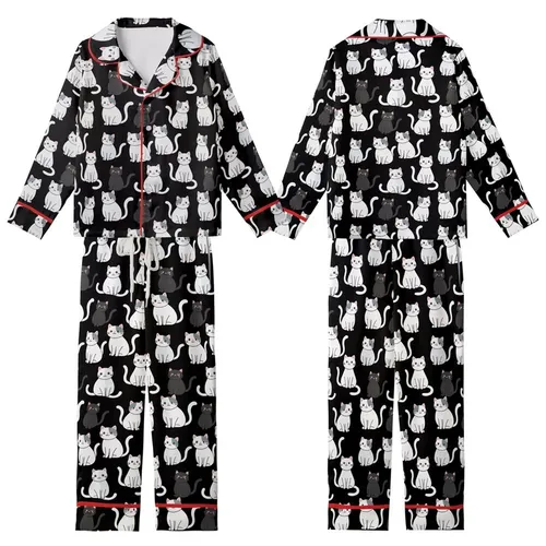 Cat Lovers' Whimsical Black White Grey Cartoon Cats Seamless Playful Pattern Kid Satin Pajamas Set