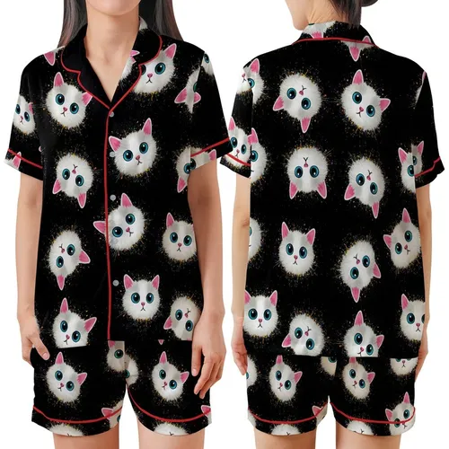 Cat Lovers' Illustrative Grunge Curious Cat Faces Blue Eyed Scattered Pattern Colorful Paint Splatters Black Satin Short-Sleeve Pajamas Set