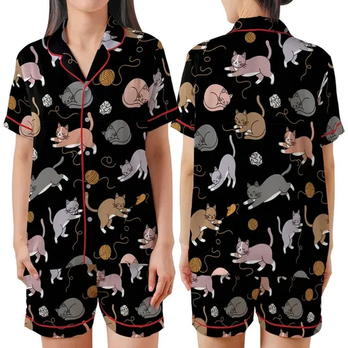 Cat Lovers' Whimsical Black Playful Hand-Drawn Cartoon Cats Seamless Pattern with Muted Greys Pink Lavender & Orange Accents Satin Short-Sleeve Pajamas Set