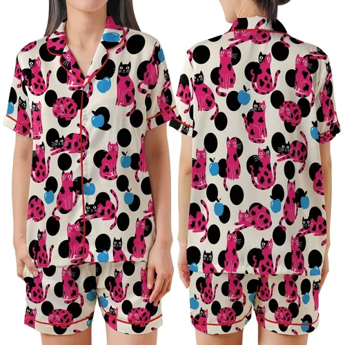 Cat Lovers' Whimsical Cream Hot Pink Flat Color Cartoon Cats Blue Apples Polka Dots Pattern Satin Short-Sleeve Pajamas Set