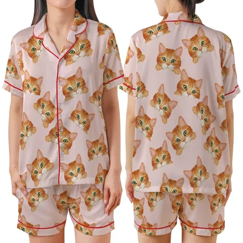 Cat Lovers' Realistic Illustrated Ginger Tabby Cats Playfully Peeking Seamless Warm Orange Brown Cream Soft Pink Pattern Satin Short-Sleeve Pajamas Set