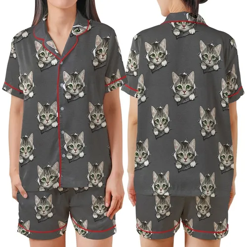 Cat Lovers' Photorealistic Grey Tabby Kittens Green Eyes Peeking Trompe L'oeil Torn Heather Charcoal Satin Short-Sleeve Pajamas Set