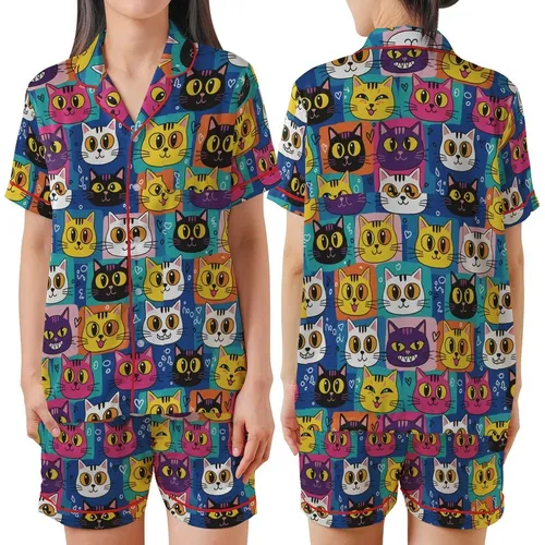 Cat Lovers' Playful Multi-Color Cartoon Cat Faces Block Mosaic with Teal Pink Purple Yellow Graffiti Accents Satin Short-Sleeve Pajamas Set