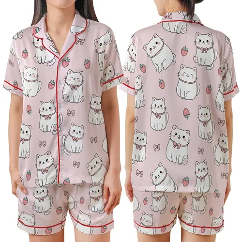 Cat Lovers' Adorable Plump Pastel Pink Cartoon Cats Strawberry Bow Pattern Satin Short-Sleeve Pajamas Set