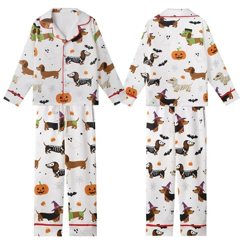Dachshund Lovers' Whimsical Halloween Dachshund Costumes Pattern with Skeletons, Witches, Bats, Pumpkins, & Ghosts in Orange, Purple, Green Kid Satin Pajamas Set