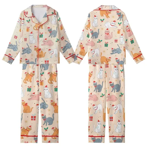 Christmas Cat Lovers' Whimsical Peach Festive Felines, Holly, Gifts & Golden Stars Pattern Kid Satin Pajamas Set