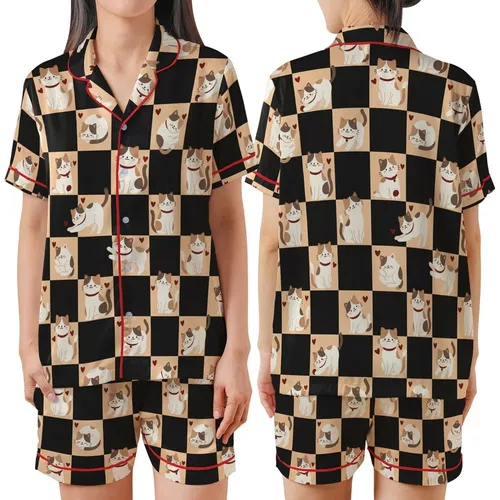 Cat Lovers' Whimsical Jet Black Peachy-Orange Checkerboard Cartoon Cat Heart Pattern Satin Short-Sleeve Pajamas Set