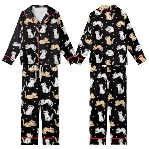 Cat Lovers' Charming Hand-Drawn Tan White Striped Cartoon Cats Pink Hearts Pattern Kid Satin Pajamas Set