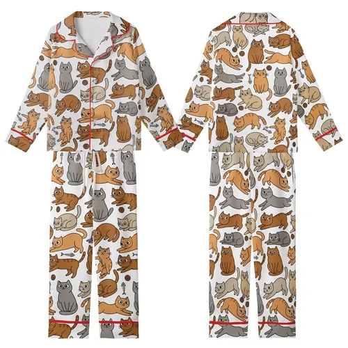 Cat Lovers' Whimsical Hand-Drawn Cartoon Cats Seamless Pattern: Ginger Orange, Caramel, Grey on Bright White Kid Satin Pajamas Set
