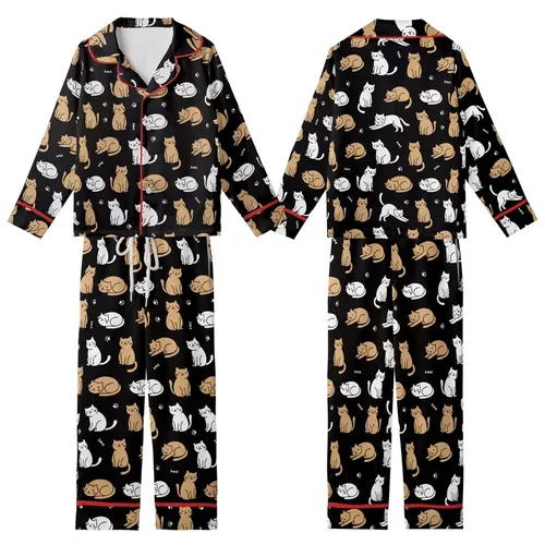 Cat Lovers' Cute Black Tan White Playful Cartoon Cats Paw Print Seamless Pattern Kid Satin Pajamas Set