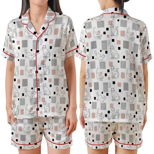 Cat Lovers' Minimalist Black Outline Cats Playful Poses White Desaturated Pink Geometric Squares Satin Short-Sleeve Pajamas Set