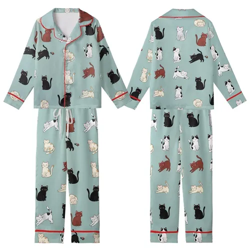 Cat Lovers' Playful Multi-Color Cartoon Cats Light Teal Flat Illustrative Seamless All-Over Print Pattern Kid Satin Pajamas Set