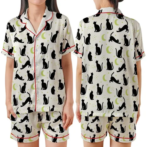 Cat Lovers' Minimalist Black Cat Silhouette Playful Poses Off-White Pale Lime Green Moon Star Pattern Satin Short-Sleeve Pajamas Set