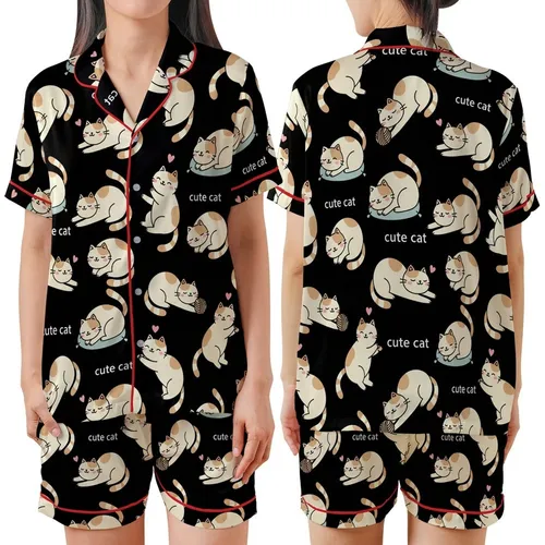 Cat Lovers' Seamless Black Kawaii Flat 2D Cartoon Cats Playful Sleepy Tan Brown White Pink Outline Pattern Satin Short-Sleeve Pajamas Set