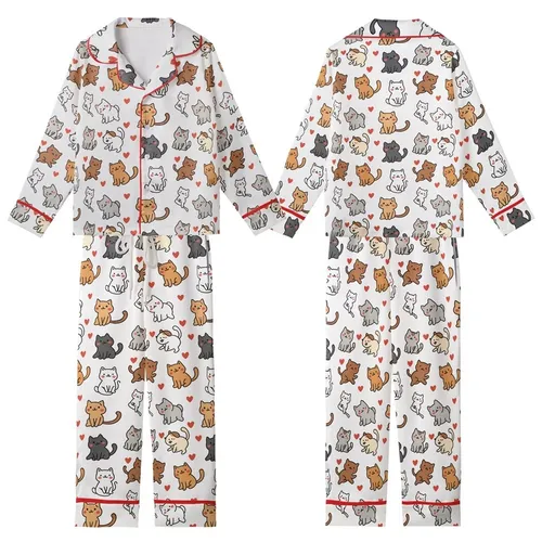 Kawaii Animal Lovers' Cute Cats Dogs Rabbits Playful Seamless Pattern White Grey Tan Flat Design Kid Satin Pajamas Set