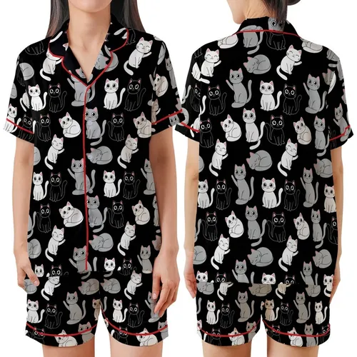 Cat Lovers' Cute Stylized Black White Grey Pastel Pink All-Over Cartoon Cat Pattern Satin Short-Sleeve Pajamas Set