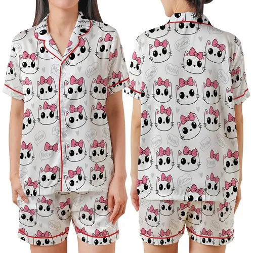 Whimsical Cat Lovers' Hand-Drawn Cute Feline Faces Hot Pink Polka Dot Bows White Pattern Satin Short-Sleeve Pajamas Set