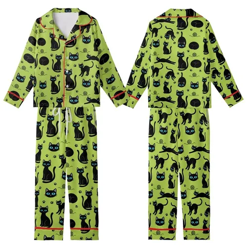 Cat Lovers' Whimsical Lime Green Black Cat Silhouettes Blue-Eyed Heads Pattern Kid Satin Pajamas Set