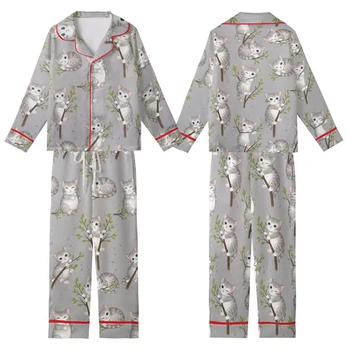 Cute Cat Enthusiasts' Whimsical Fluffy Grey White Kittens Blue Eyes Pink Paw Pads Green Leaf Branches Heather Grey Pattern Kid Satin Pajamas Set