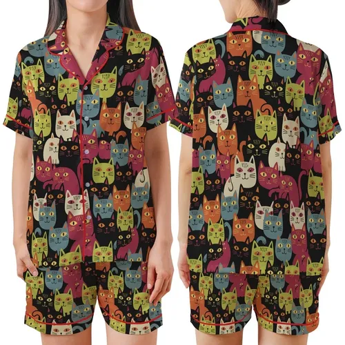Cat Lovers' Whimsical Hand-Drawn Folk Art Charcoal Black Rust Sage Cream Feline Pattern Satin Short-Sleeve Pajamas Set