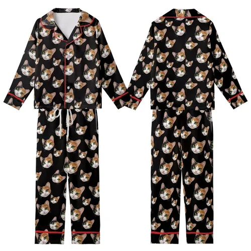 Cat Lovers' Realistic Calico Cat Faces Pattern Orange White Black Fur Vivid Green-Yellow Eyes Solid Black Background Kid Satin Pajamas Set