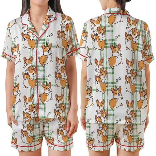 Corgi Lovers' Whimsical Ginger Orange Cream Corgi Stack Flat Art Forest Green Tartan Pattern Satin Short-Sleeve Pajamas Set