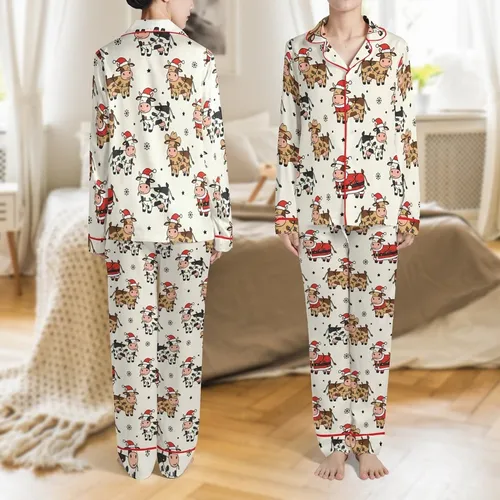 Women's Funny Farm Christmas: Cartoon Cow Santa Hat Pattern - Cozy Holiday Loungewear Satin Pajamas Set