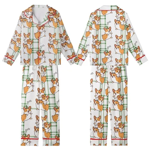 Corgi Lovers' Whimsical Ginger Orange Cream Corgi Stack Flat Art Forest Green Tartan Pattern Kid Satin Pajamas Set