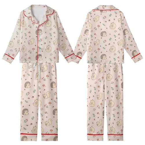 Cozy Aesthetic Lovers' Pale Blush Scattered Woodland Creatures Pattern Sage Green & Cranberry Accents Kid Satin Pajamas Set
