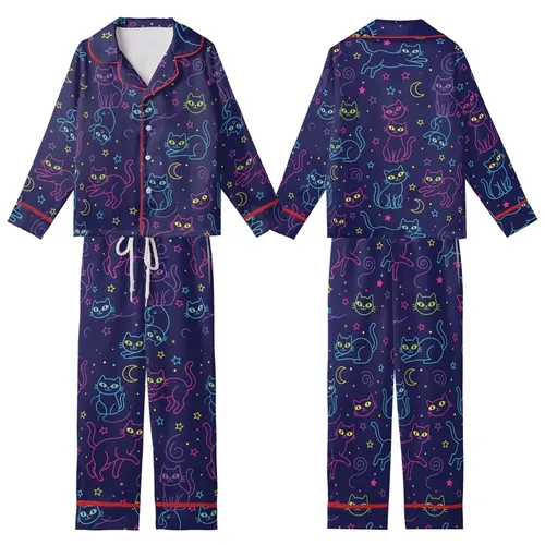 Whimsical Cat Lovers' Vivid Neon Black Cat All-Over Pattern Indigo Starry Sky Kid Satin Pajamas Set