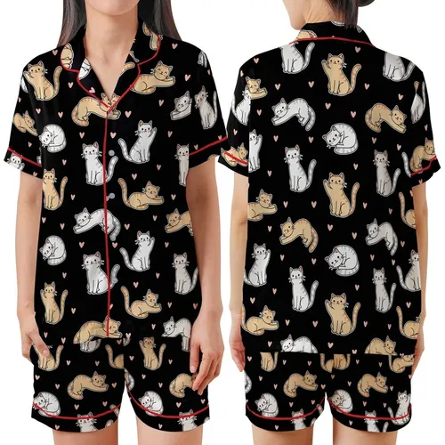 Cat Lovers' Charming Hand-Drawn Tan White Striped Cartoon Cats Pink Hearts Pattern Satin Short-Sleeve Pajamas Set