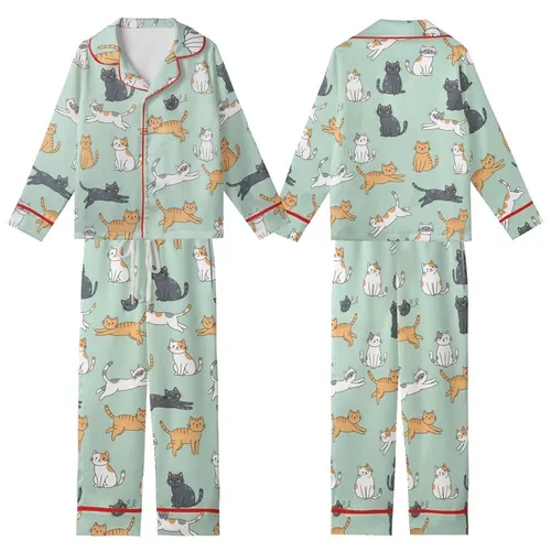 Cat Lovers' Playful Hand-Drawn Cartoon Cats Light Mint Green Pattern with White, Tabby, Calico, Charcoal Felines Kid Satin Pajamas Set