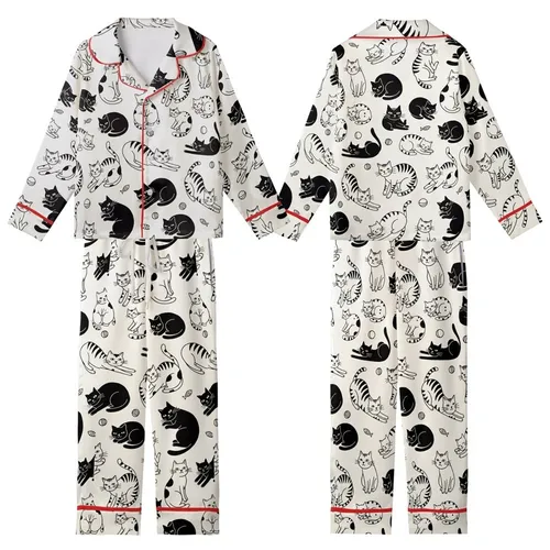 Cat Lovers' Whimsical Hand-Drawn Black and White Feline Pattern with Playful Cats, Yarn, and Fish Kid Satin Pajamas Set