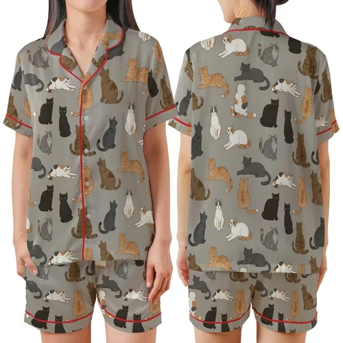 Cat Lovers' Illustrative Semi-Realistic Scattered Domestic Cat Natural Fur Greige-Taupe Pattern Satin Short-Sleeve Pajamas Set