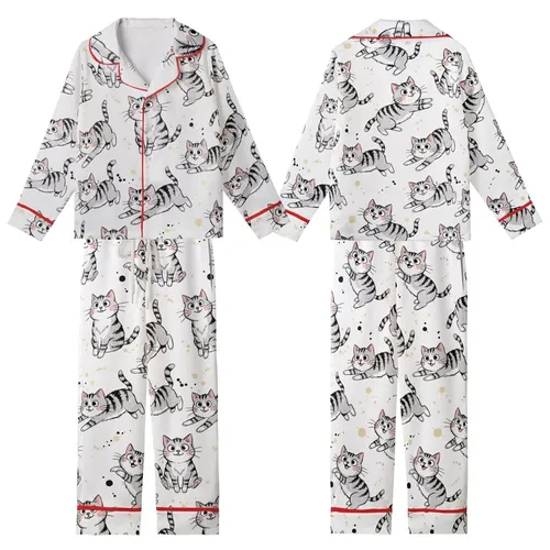 Cat Lovers' Whimsical Smiling Cartoon Kittens Black White Grey Striped Shaggy Fur Ink Splatter Sketch Art Kid Satin Pajamas Set