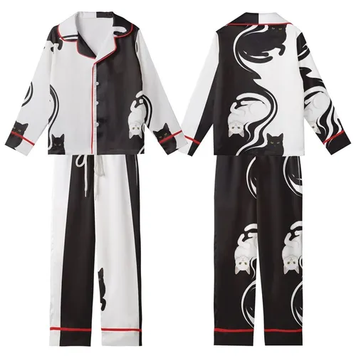 Cat Lovers' Sweeping S-Curve Matte Black Pure White Cat Duality Realistic Illustration Golden Eyes Kid Satin Pajamas Set