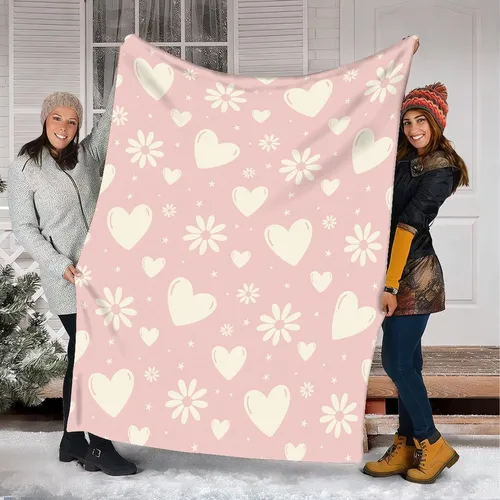 Soft Pink Cream Whimsical Hearts, Daisies, & Star Pattern Quilt Bedding Set