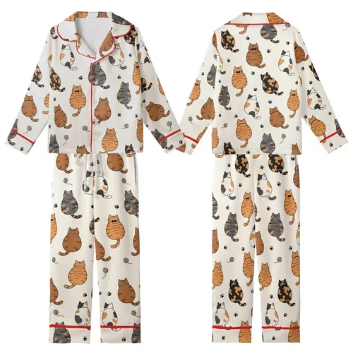 Cat Lovers' Whimsical Hand-Drawn Plump Tabby Tortoiseshell Cats Pattern Creamy Off-White Kid Satin Pajamas Set