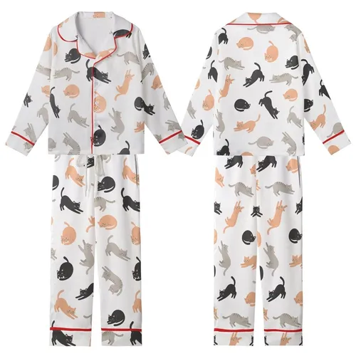 Cat Lovers' All-Over Playful Cartoon Cats Flat Graphic Design White Background Pastel Accents Kid Satin Pajamas Set