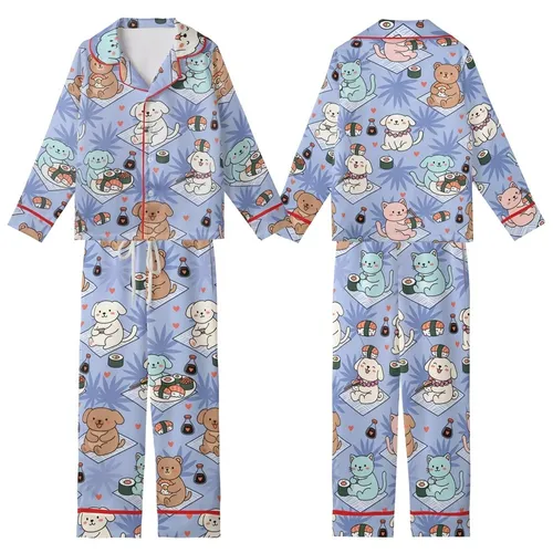 Whimsical Animal & Sushi Lovers' Cartoon Pastel Pink Blue Periwinkle Tropical Sushi Picnic Palm Pattern Kid Satin Pajamas Set