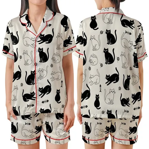 Cat Lovers' Whimsical Black Cat Silhouette & Outline Seamless Pattern with Yarn Balls on Creamy Off-White Satin Short-Sleeve Pajamas Set