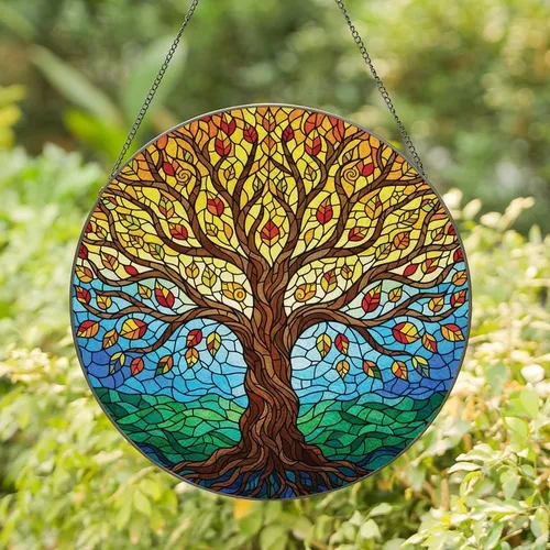 Nature Enthusiasts' Intricate Vibrant Tiffany Stained Glass Tree of Life Radiant Jewel Tone Gradient Mosaic Stained Glass Suncatcher
